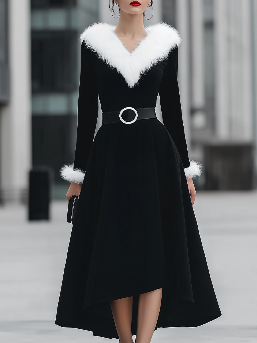 Faux Fur Trim V-Neck Velvet Midi Dress