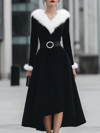 Faux Fur Trim V-Neck Velvet Midi Dress