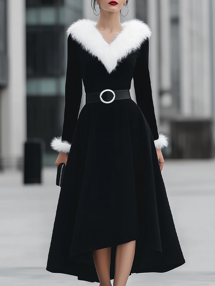 Faux Fur Trim V-Neck Velvet Midi Dress
