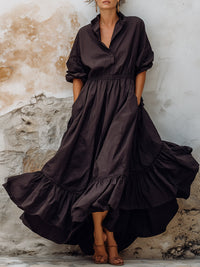 Relaxed Shirt Collar Ruffle Hem Maxi Dress