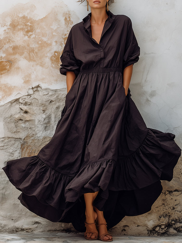 Relaxed Shirt Collar Ruffle Hem Maxi Dress