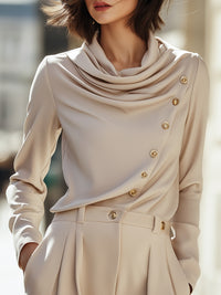 Champagne Asymmetric Draped Blouse With Gold Buttons