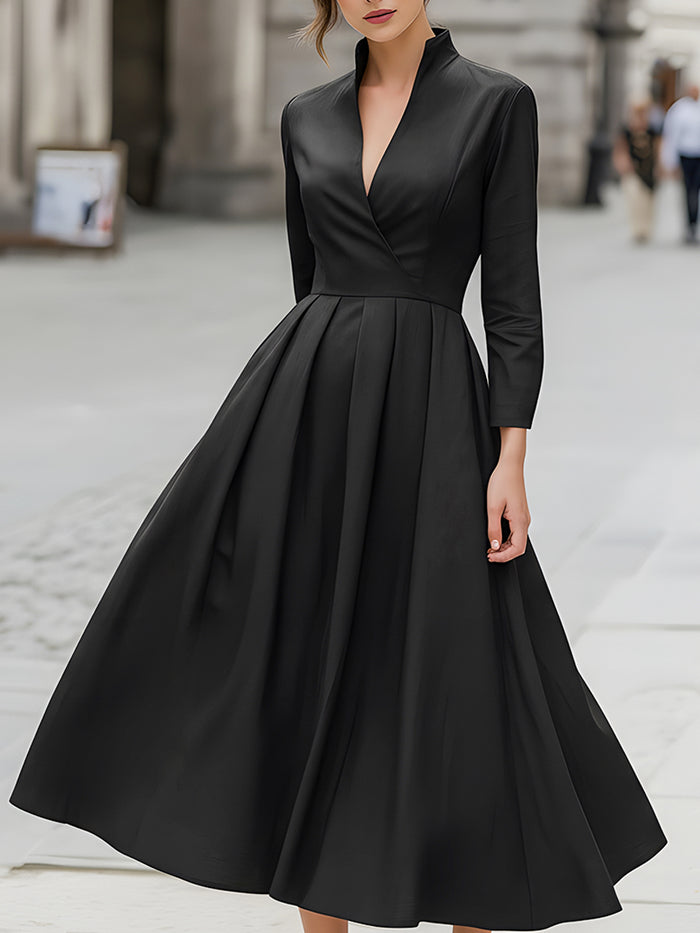 Black Wrap-Style V-Neck Midi Dress