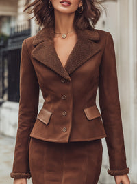 Faux Suede Jacket And Skirt Set With Shearling Trim