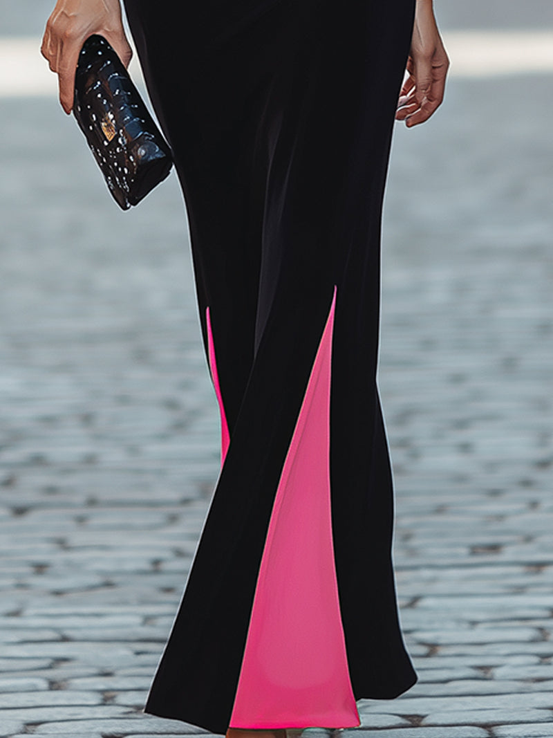 Velvet Evening Gown With Pink Contrast Panels