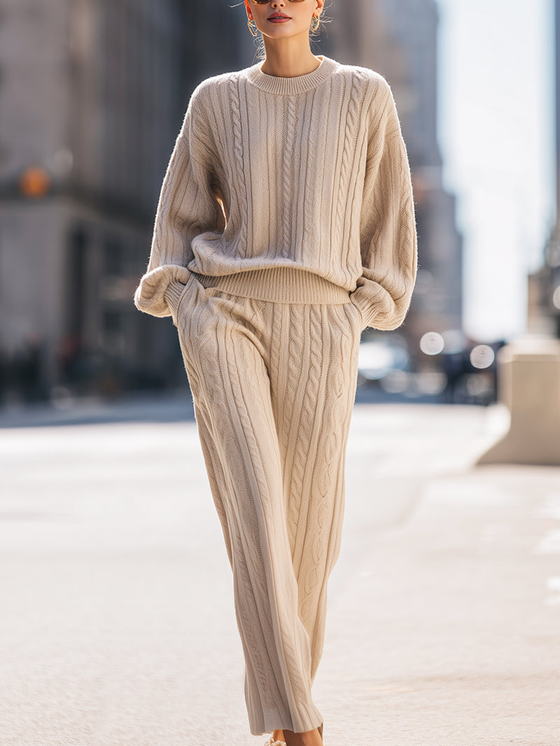 Beige Cable-Knit Lounge Set