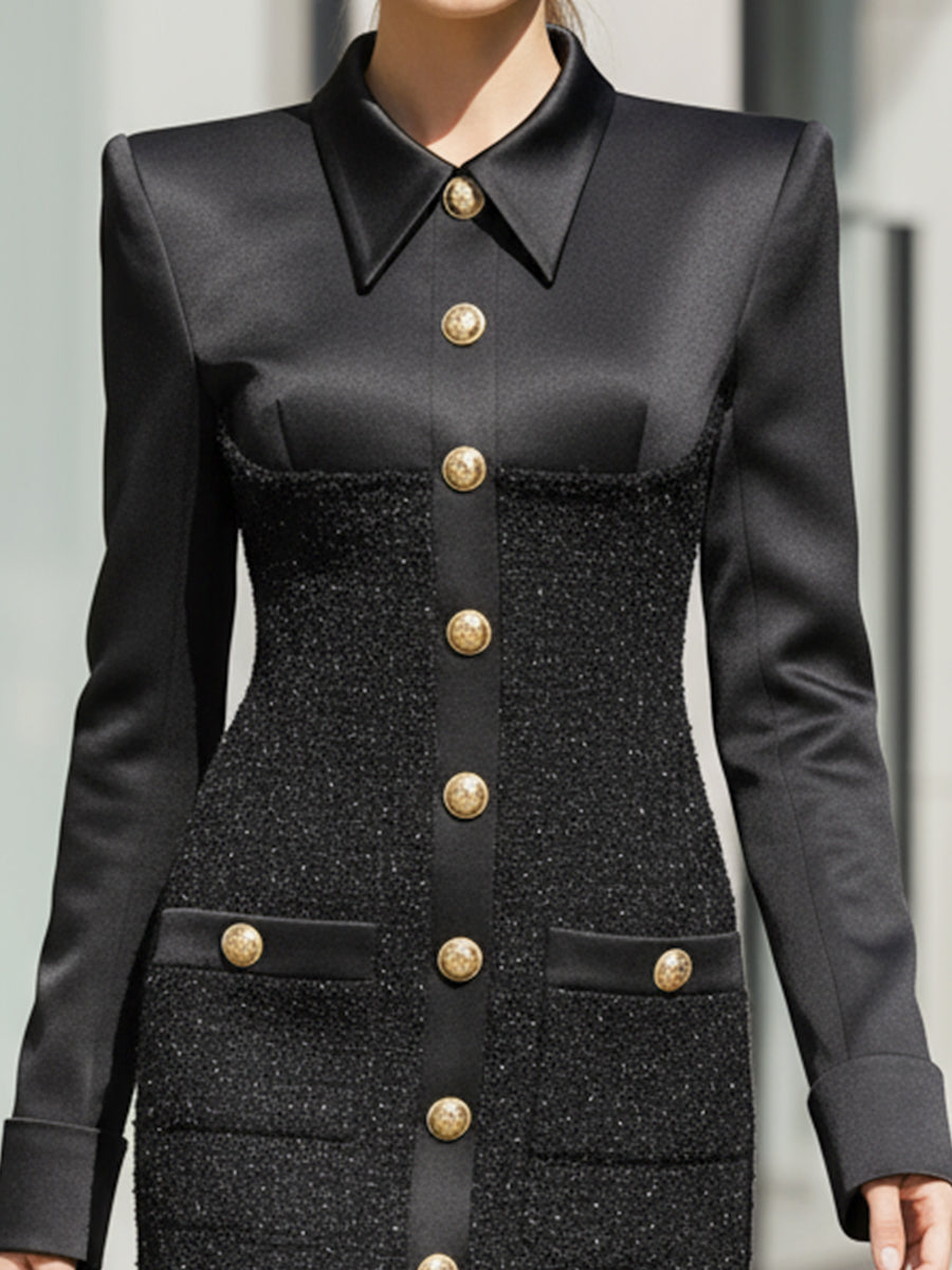 Tailored Black Mini Dress With Gold-Tone Buttons And Tweed Accents