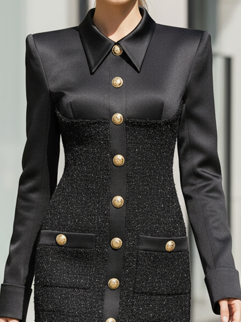 Tailored Black Mini Dress With Gold-Tone Buttons And Tweed Accents