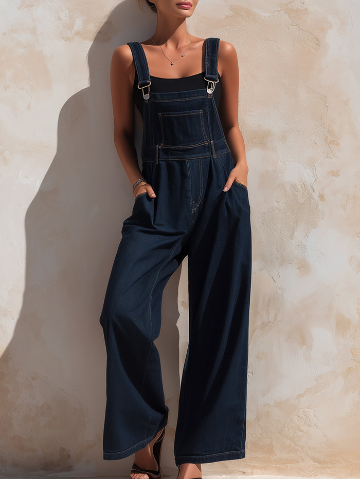 Denim Wide-Leg Overall Jumpsuit