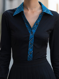 Color-Blocked Check Trim Shirt And Pleated Mini Skirt