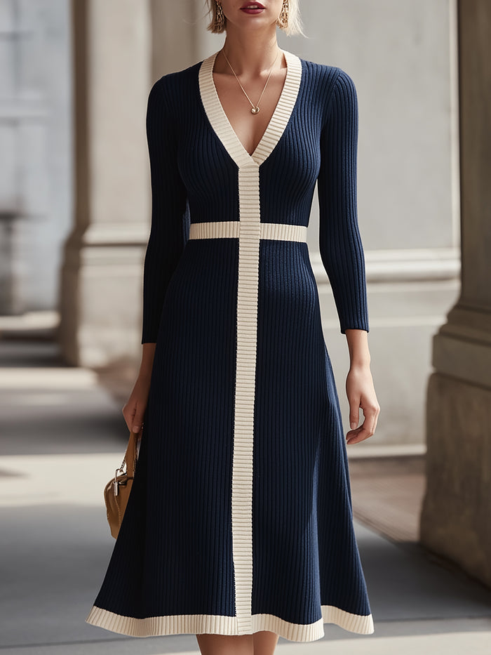 Navy & Ivory Contrast Trim Knit Midi Dress