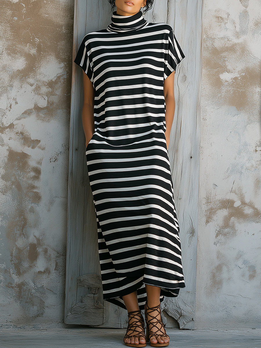 Striped High-Neck Relaxed Asymmetrical Midi Dress