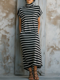 Striped High-Neck Relaxed Asymmetrical Midi Dress
