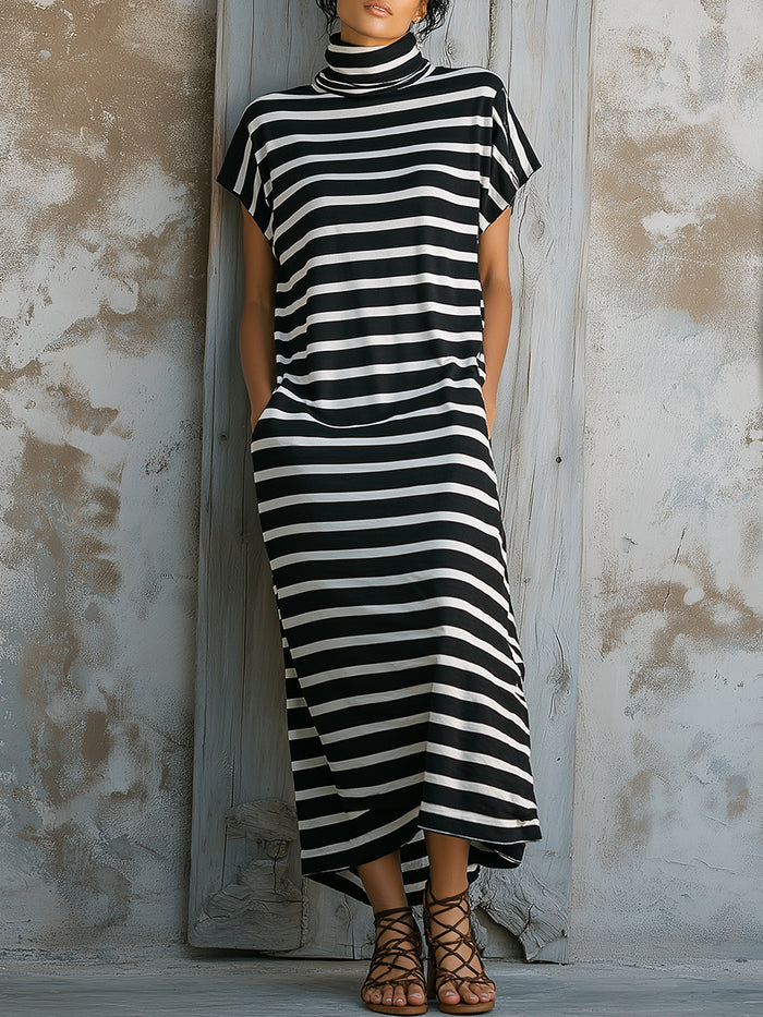 Striped High-Neck Relaxed Asymmetrical Midi Dress