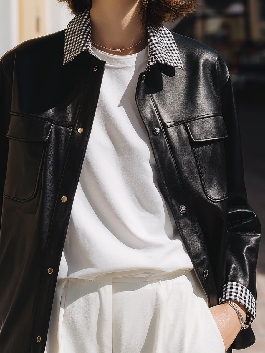 Black Faux Leather Jacket With Gingham Check Collar