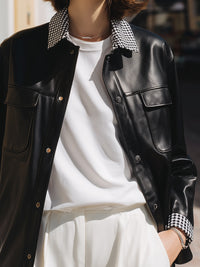 Black Faux Leather Jacket With Gingham Check Collar