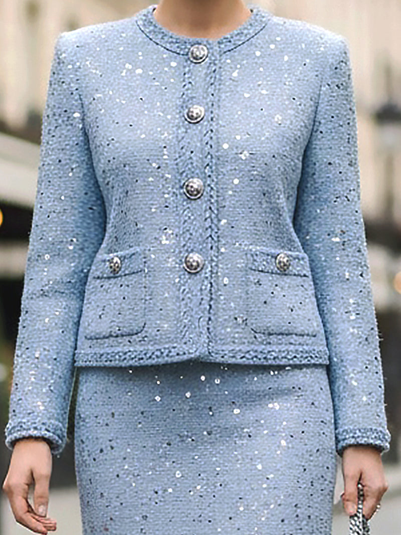 Sequin Tweed Skirt Suit With Silver Buttons