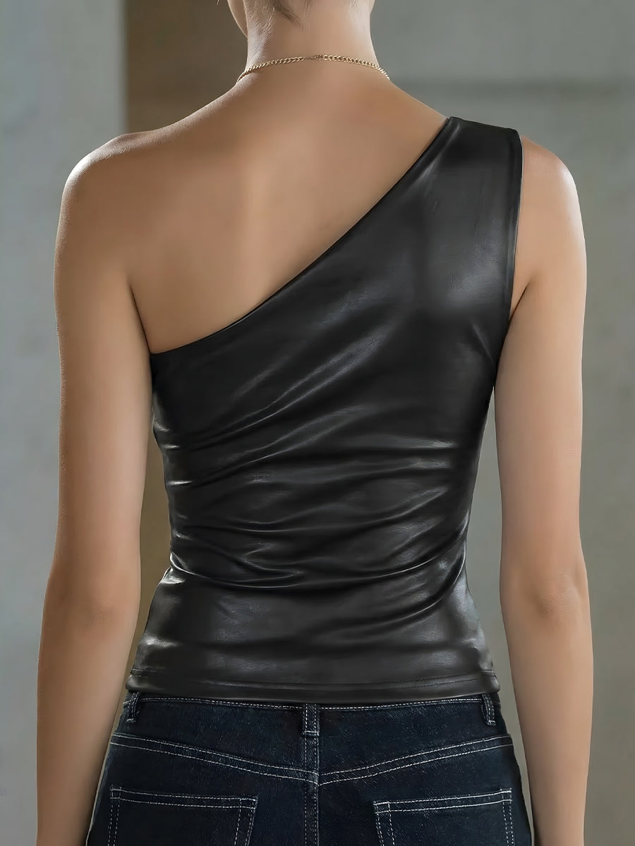 One-Shoulder Sculpted Faux Leather Asymmetrical Top