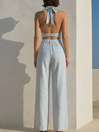 Blue & White Stripe Halter Crop Top And Wide-Leg Pants Set