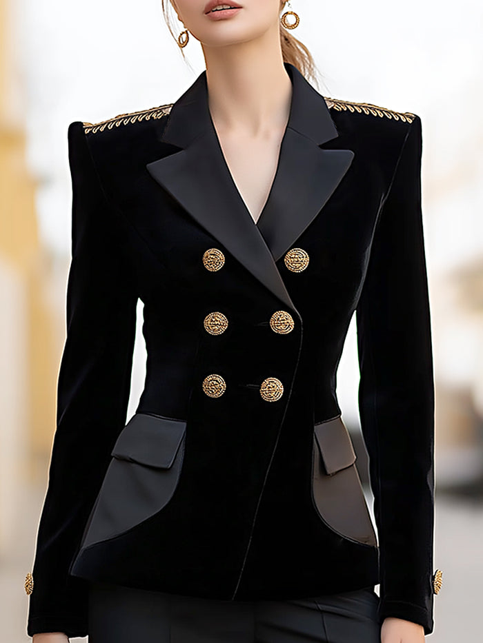 Velvet Military-Inspired Double-Breasted Blazer