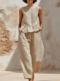 Casual Plaid Sleeveless Peplum Wide-Leg Jumpsuit – Relaxed Chic Style