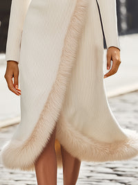 Elegant Faux Fur Trimmed Wrap Midi Coat