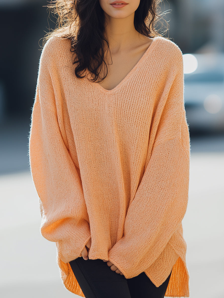 Oversized Peach V-Neck Knit Sweater
