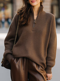 Brown Half-Zip Ribbed Knit Sweater