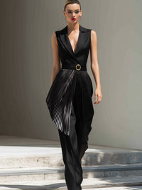 Tailored Sleeveless Jumpsuit With Pleated Metallic Accent Panel
