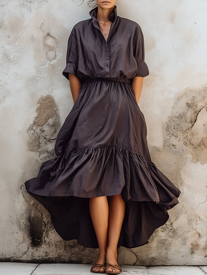 Structured Stand Collar High-Low Midi Dress