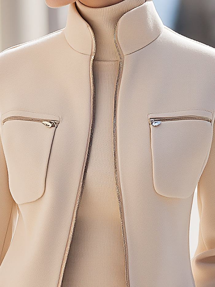 Elegant Stand-Collar Zip-Up Jacket With Chest Pockets