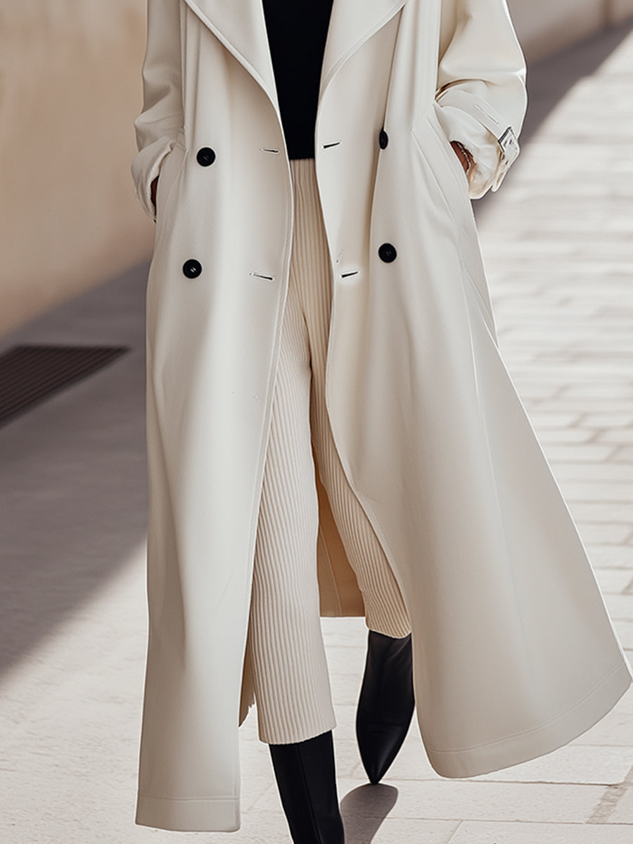 Ivory Double-Breasted Long Trench Coat