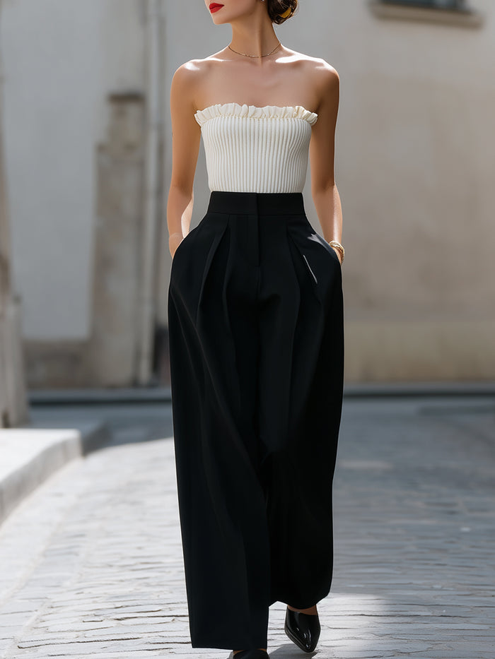 Strapless Ribbed Bandeau Top & Pleated Wide-Leg Trouser Set