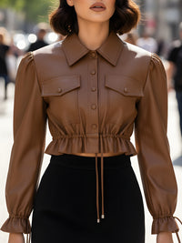 Cropped Faux Leather Shirt With Drawstring Waist