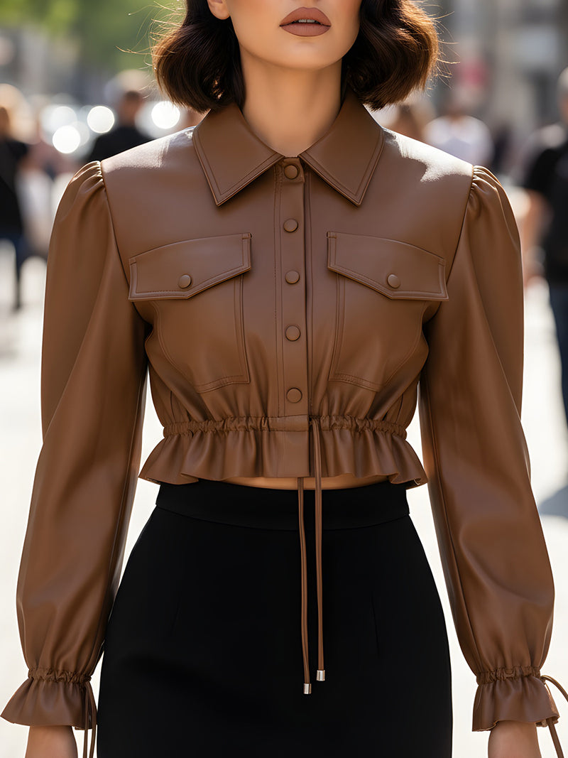 Cropped Faux Leather Shirt With Drawstring Waist
