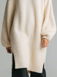 Oversized Cream Fleece Turtleneck Sweater Dress