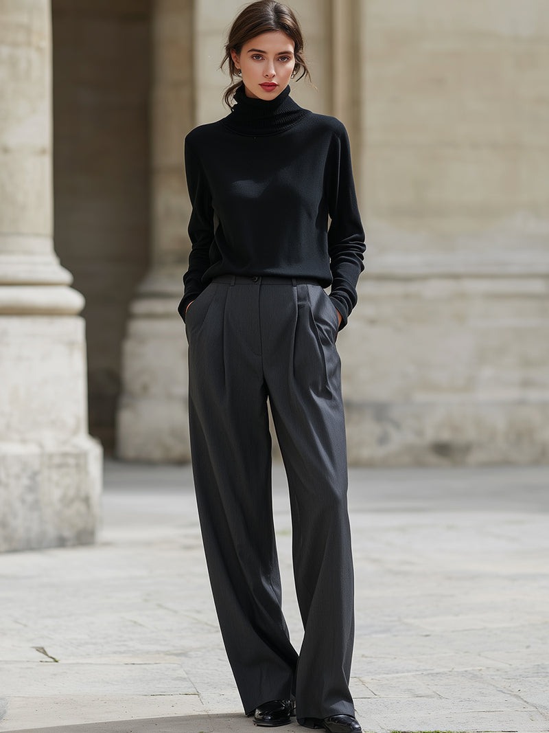 Black Turtleneck Top And Charcoal Wide-Leg Trousers Set