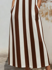 Women’s Sleeveless Stand Collar V-Neck Vertical Stripe Midi Dress With Pockets