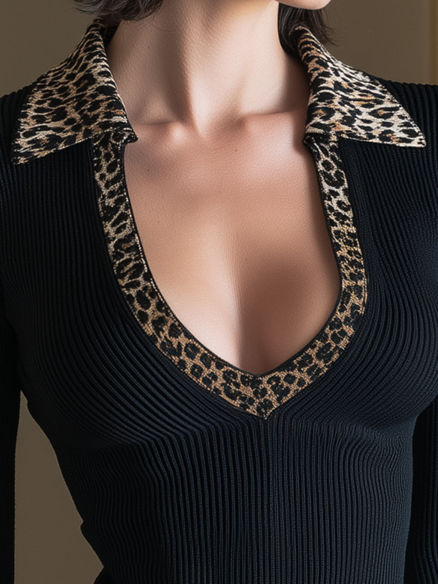 Leopard-Trim Deep V Ribbed Knit Top