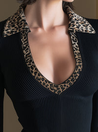 Leopard-Trim Deep V Ribbed Knit Top