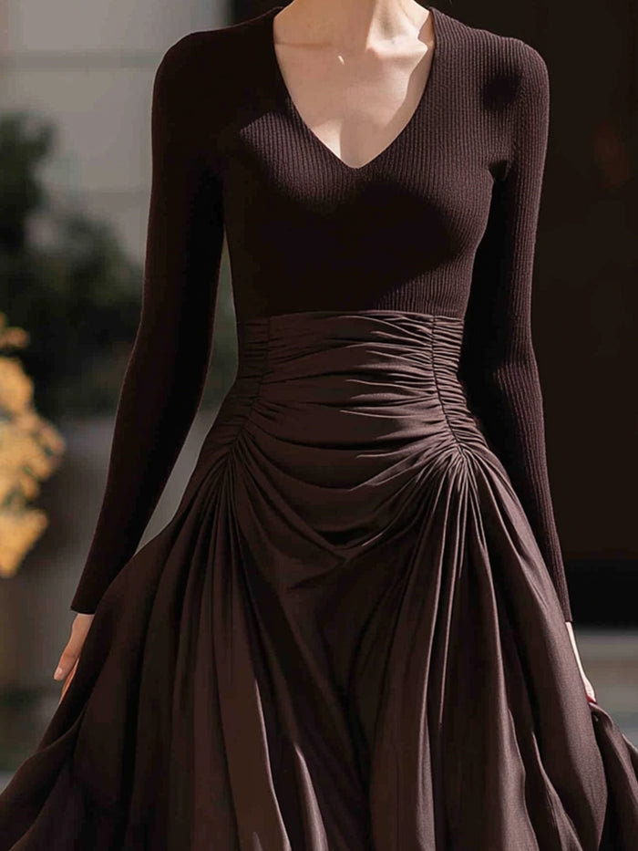Ruched Knit And Satin Midi Dress
