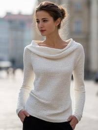 Cream Textured Knit Top With Draped Collar