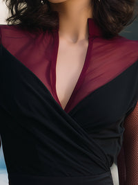 Sheer Mesh V-Neck Long-Sleeve Slim-Fit Blouse