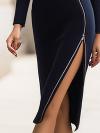 Asymmetric Zip-Detail Long Sleeve Midi Dress