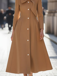Camel Midi Coat Dress With Oversized Bow Collar