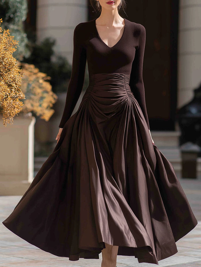 Ruched Knit And Satin Midi Dress