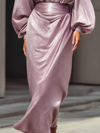 Shimmering Lilac Draped Long-Sleeve Evening Gown