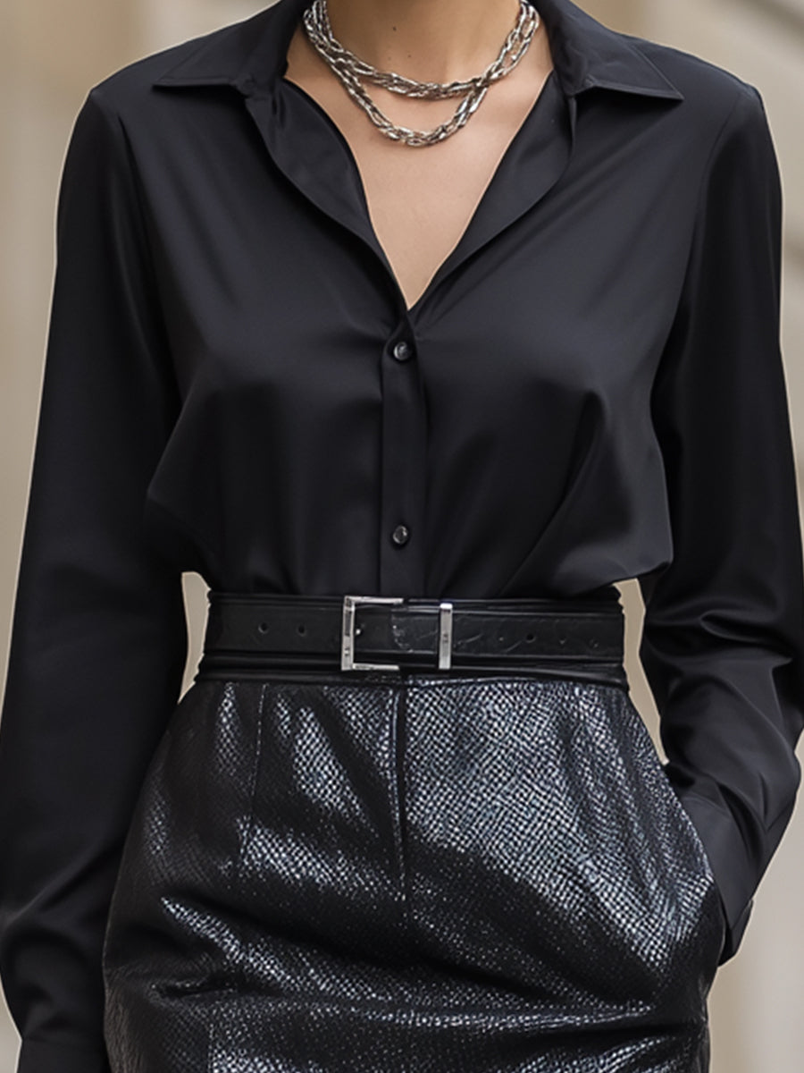 Black Satin Shirt With Embossed Leather Pencil Skirt Suit