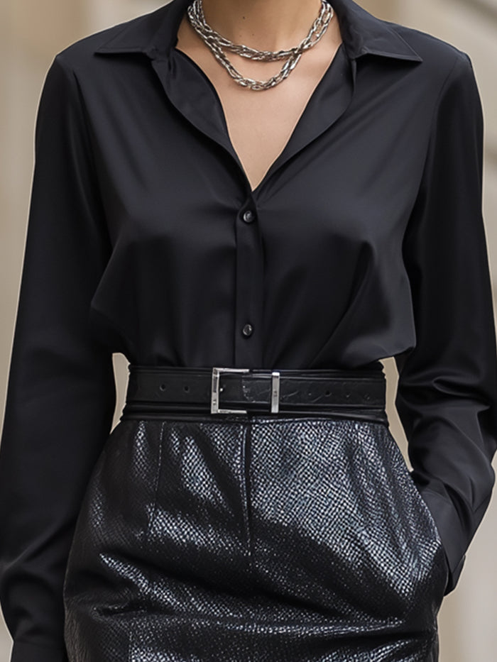 Black Satin Shirt With Embossed Leather Pencil Skirt Suit