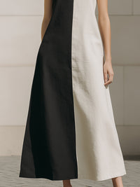Two-Tone Column Panel Square-Neck Midi Dress
